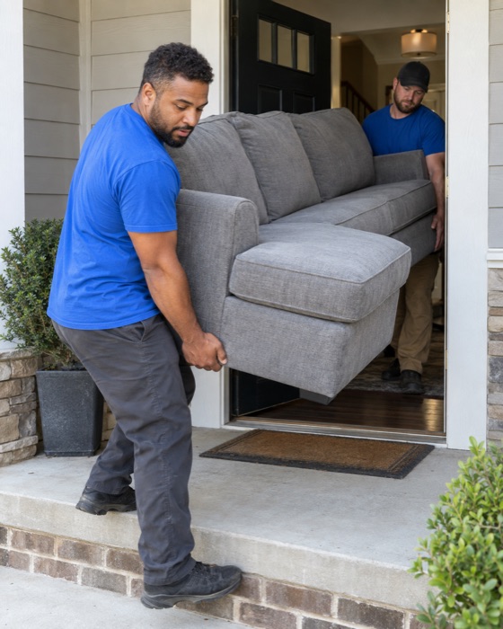 Two crew members carrying a couch out the front door