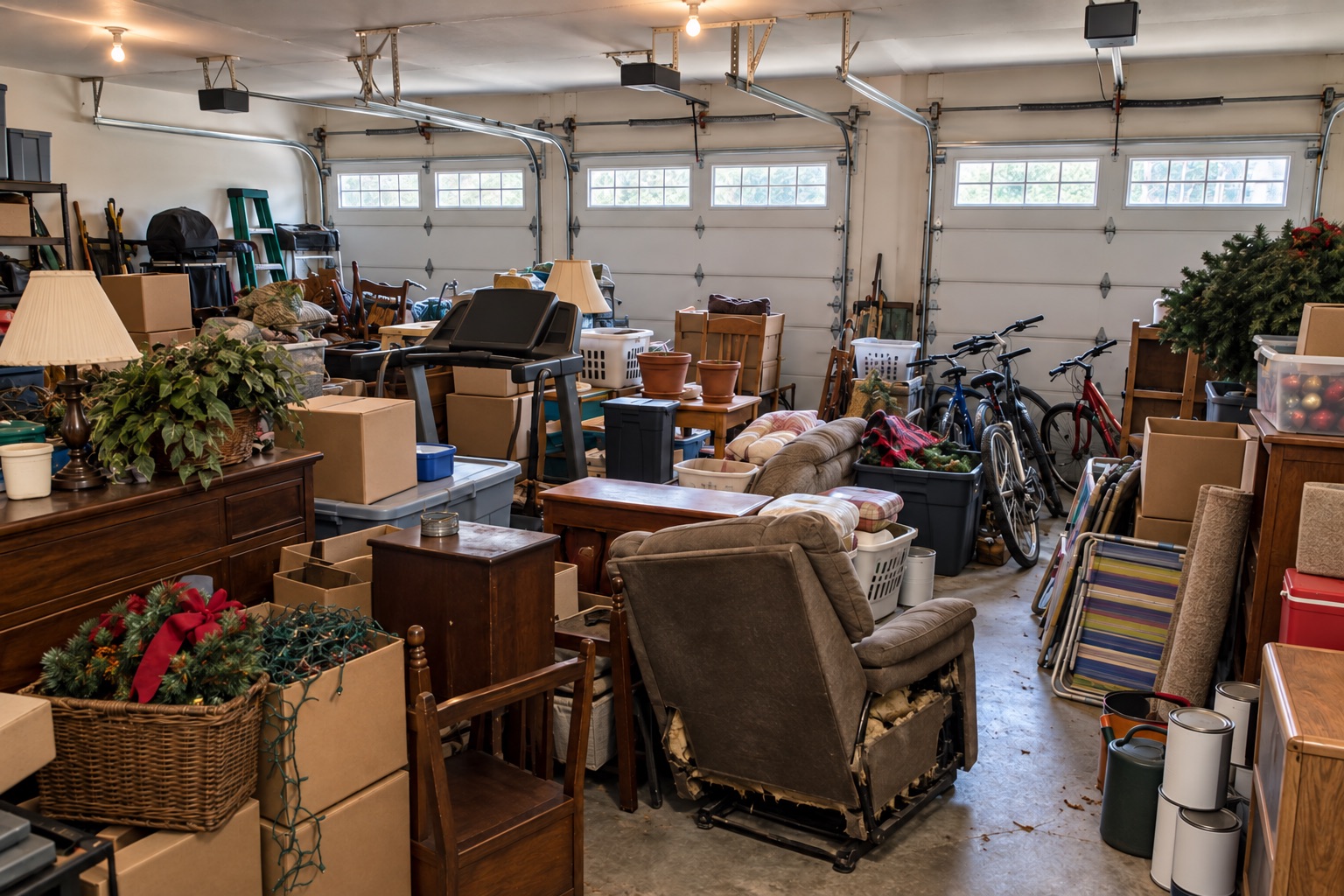 A three-car garage packed with 20 years of stuff